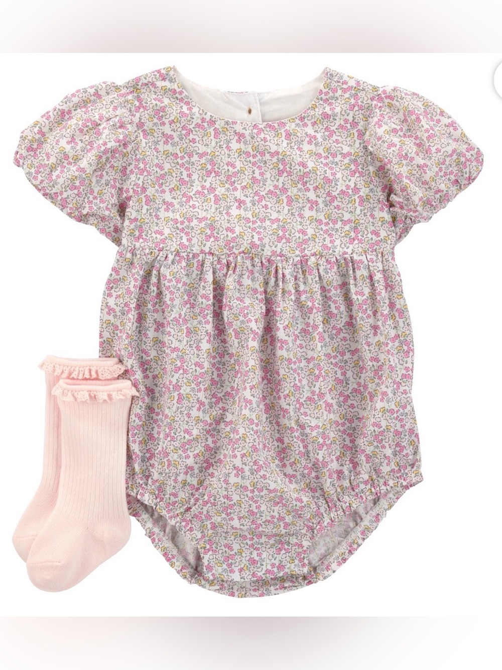 (93)Floral Baby Romper with Pink Socks